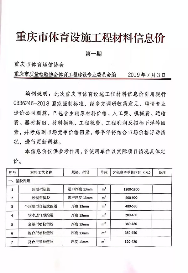 育場地場館、中小學塑膠跑道建設信息價